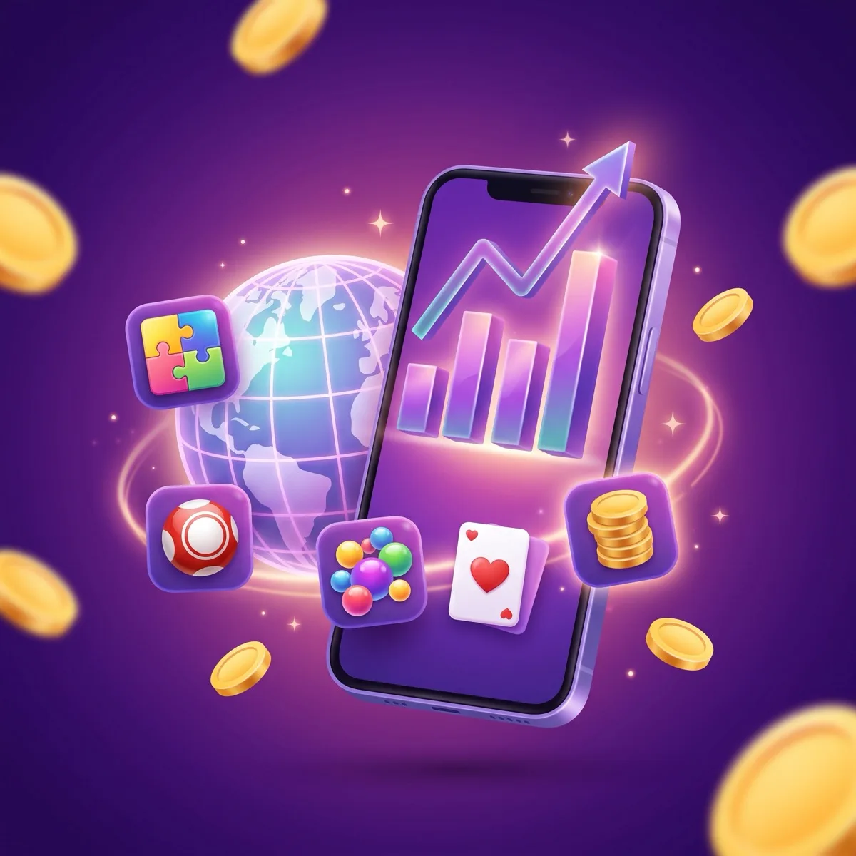 Glossy 3D cartoon illustration on a deep purple radial background — a smartphone projecting a rising bar chart and an upward arrow, beside a glowing globe ringed with floating game icons including a jigsaw puzzle tile, a bingo ball, colored bubbles, a playing card and a stack of gold coins, with gold coins scattered around, representing mobile gaming statistics for 2026