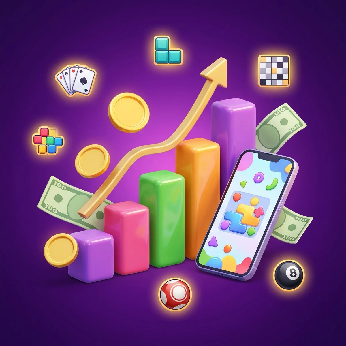 Glossy 3D cartoon illustration on a deep purple radial background — an upward-climbing bar and line chart with gold coins, a smartphone, and floating skill-game category icons including cards, a puzzle tile, a word grid, a bingo ball, and an 8-ball, representing skill-based mobile gaming statistics for 2026